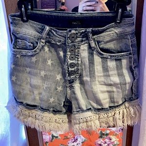 - **Rue 21** Fringe Denim Black and White Stars and Stripes Shorts American Flag